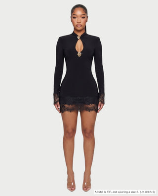 BERNA Gold-Detail Keyhole Lace-Trim Mini Dress