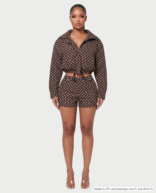 MARZELLE Polka Dot Zip-Up Cropped Jacket & Shorts Set