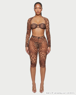 Conjunto de malla con estampado de leopardo de tres piezas INES