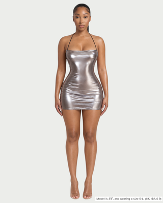 ZAIRE Metallic Halter Neck Lace-Up Back Bodycon Mini Dress