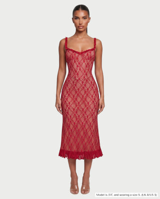 ADELISE Lace Mesh Ruffle Hem Midi Dress