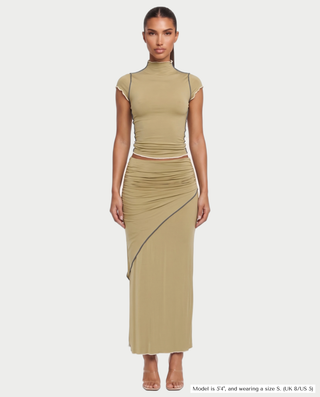 LUVENA Contrast Trim Ruched Two-Piece Maxi Skirt Set