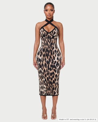 EVONE Leopard Print Bodycon Halter Midi Dress