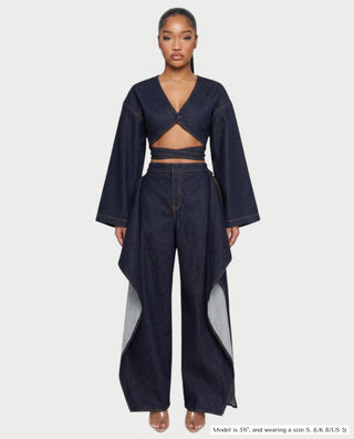 VERON Denim Cropped Wrap Top & Split-Panel Pants Set