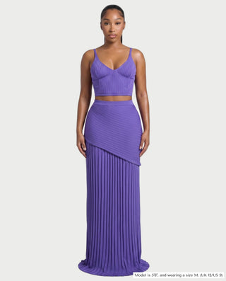 Conjunto de top corto de punto acanalado y falda larga plisada VESPERA