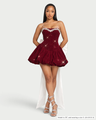 GAELLE Rhinestone Trim Oversized Bow Bubble Mini Dress