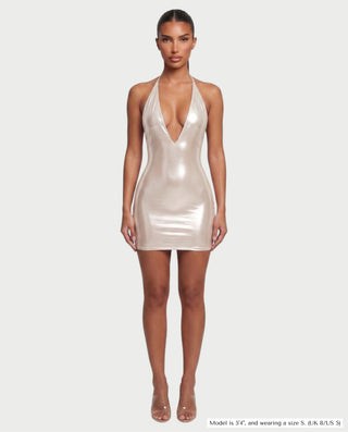 CLARICE Plunging Halter Metallic Mini Dress