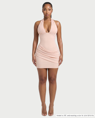 RESSI Ruched Halter Open-Back Mini Dress