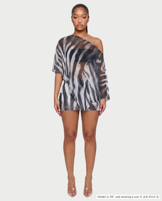 OVALINE Sheer Zebra Print One-Shoulder Top & Mini Skirt Set