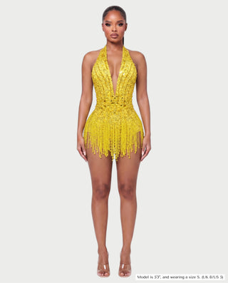 EMERA Rhinestone Beaded Halter Mini Dress