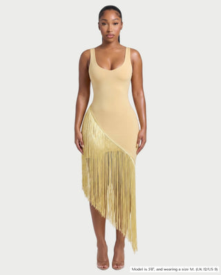 MIREILLE Asymmetric Fringe Hem Midi Dress