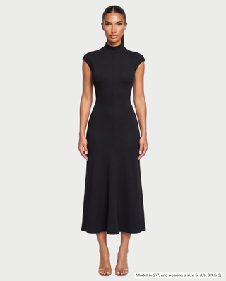 LERIE Mock Neck Cap Sleeve A-Line Midi Dress