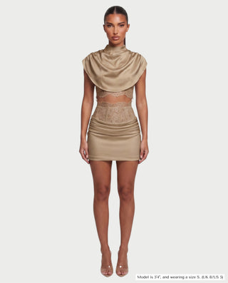 LESKA Draped Top Lace Mini & Skirt Set