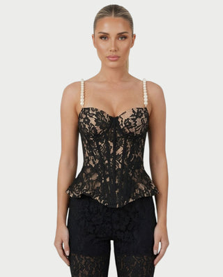 MABELA Sheer Lace Corset Peplum Top & Flared Pants Set