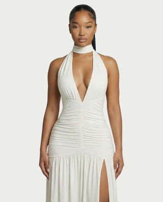 SORAYA Backless Halter Plunge Maxi Dress