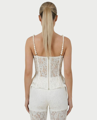 MABELA Sheer Lace Corset Peplum Top & Flared Pants Set