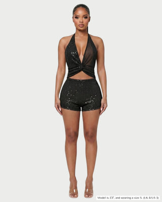 ELISSA Sequin Twist-Front Halter Top & Shorts Set