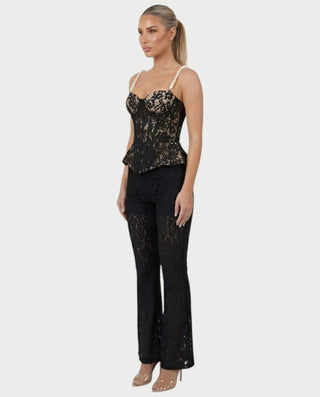 MABELA Sheer Lace Corset Peplum Top & Flared Pants Set