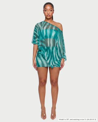 OVALINE Sheer Zebra Print One-Shoulder Top & Mini Skirt Set