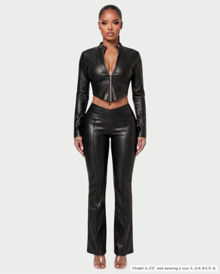 VEXARA Zip-Up Faux Leather Jacket & Flared Pants Set