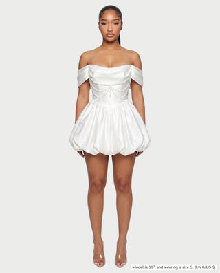 LESSY Pearl Draped Off-Shoulder Bubble Mini Dress