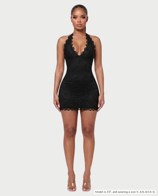 NERVA Plunge Lace Bodycon Halter Mini Dress