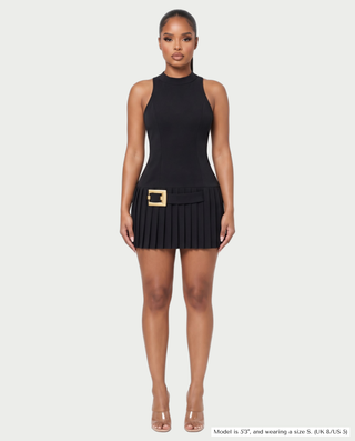 RETTA Mock Neck Belted Pleated Mini Dress