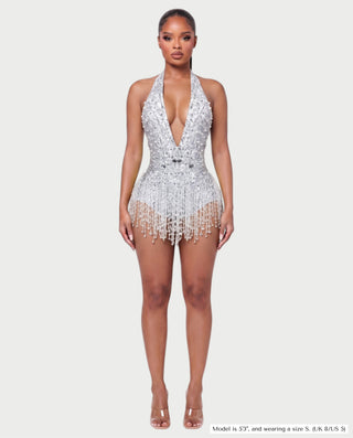 EMERA Rhinestone Beaded Halter Mini Dress