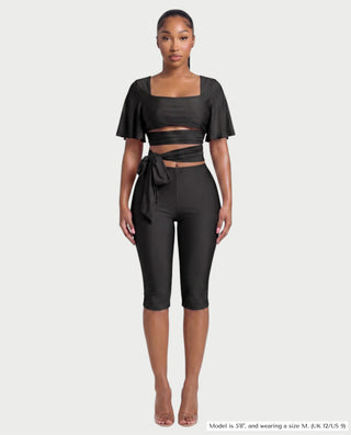 REMINA Three-Piece Square Neck Wrap Sash & Capri Pants Set