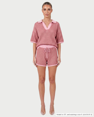 OLENNA Striped Knit Oversized Top &  Drawstring Short Set