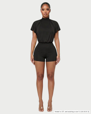BERNICE Mock Neck Cape Sleeve Open-Back Romper