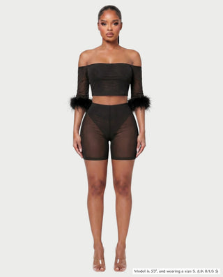 RAMIRA Faux Feather Trim Mesh Top & Shorts Set