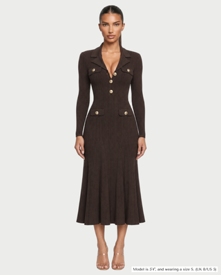 REVA Ribbed Knit Lapel Collar Midi Dress