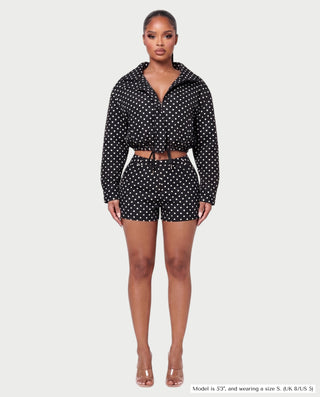 MARZELLE Polka Dot Zip-Up Cropped Jacket & Shorts Set