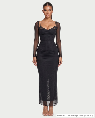 NOIR Lace Bust Sheer Mesh Long Sleeve Maxi Dress