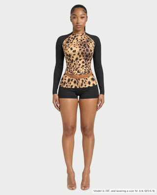 ADAIR Leopard Print Contrast Long Sleeve Top & Mini Shorts Set