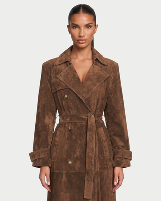 REXA Double-Breasted Waist-Tie Long Trench Coat