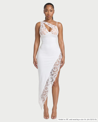 COLLINS Asymmetric Hem Lace Panel Maxi Dress
