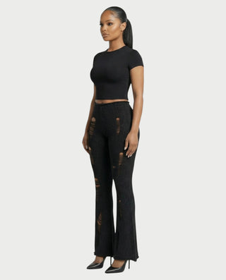 ALOMA Ripped Ribbed Knit Flared Pants