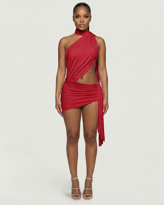 Vestido mini drapeado con escote halter y aberturas ZOLYN