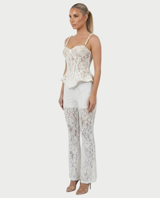 MABELA Sheer Lace Corset Peplum Top & Flared Pants Set