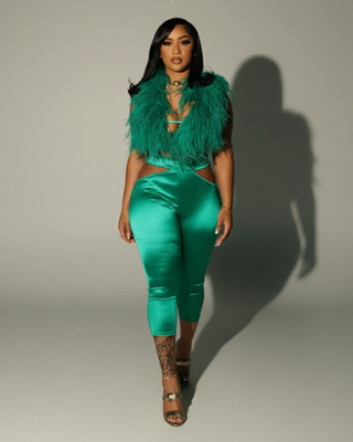 KAYLIS Halter Faux Feather Backless Top & Capri Pants Set