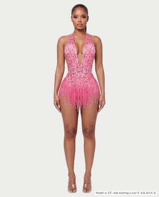 EMERA Rhinestone Beaded Halter Mini Dress