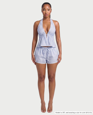 HARIYA Striped Halter Peplum Top & Shorts Set