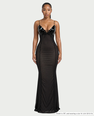 KYLAR Faux Leather Lace-Up Deep V Mesh Maxi Dress