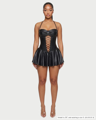 ROXE Lace-Up Halter Faux Leather Mini Dress