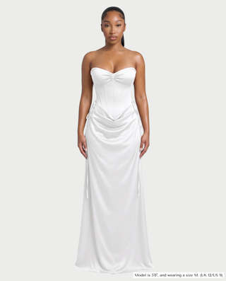 VELIA Corset Ruched Draped Satin Maxi Dress
