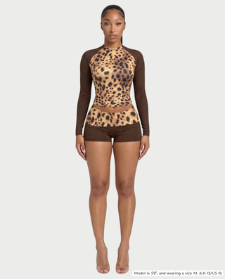 ADAIR Leopard Print Contrast Long Sleeve Top & Mini Shorts Set
