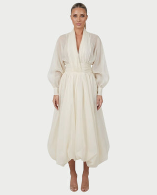 MARELA Cream White Draped Tulle Maxi Dress