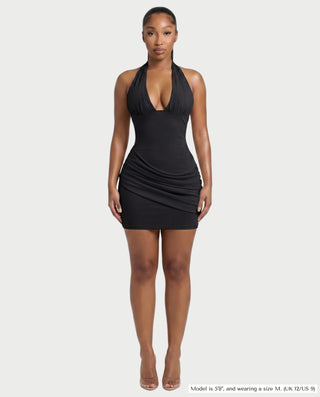 RESSI Ruched Halter Open-Back Mini Dress